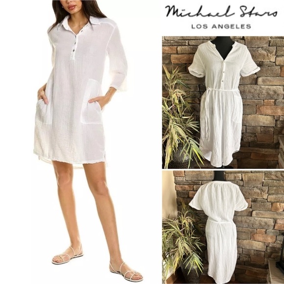 Michael Stars Cecily Crinkle Gauze Collared Dress With Belt Resortwear | Size S - Picture 1 of 7